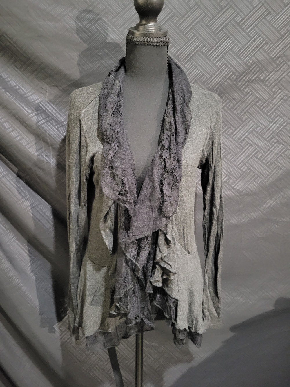 Cache Ruffle Charcoal/Black Open Front Cardigan Sz Large Goth Vamp